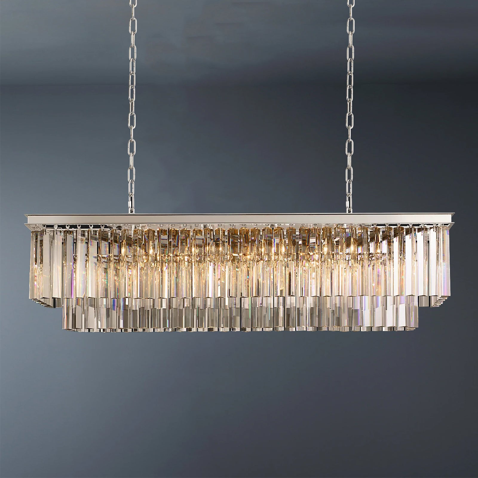 2-Tier Crystal 1920s Odeon Rectangular Chandelier L49"
