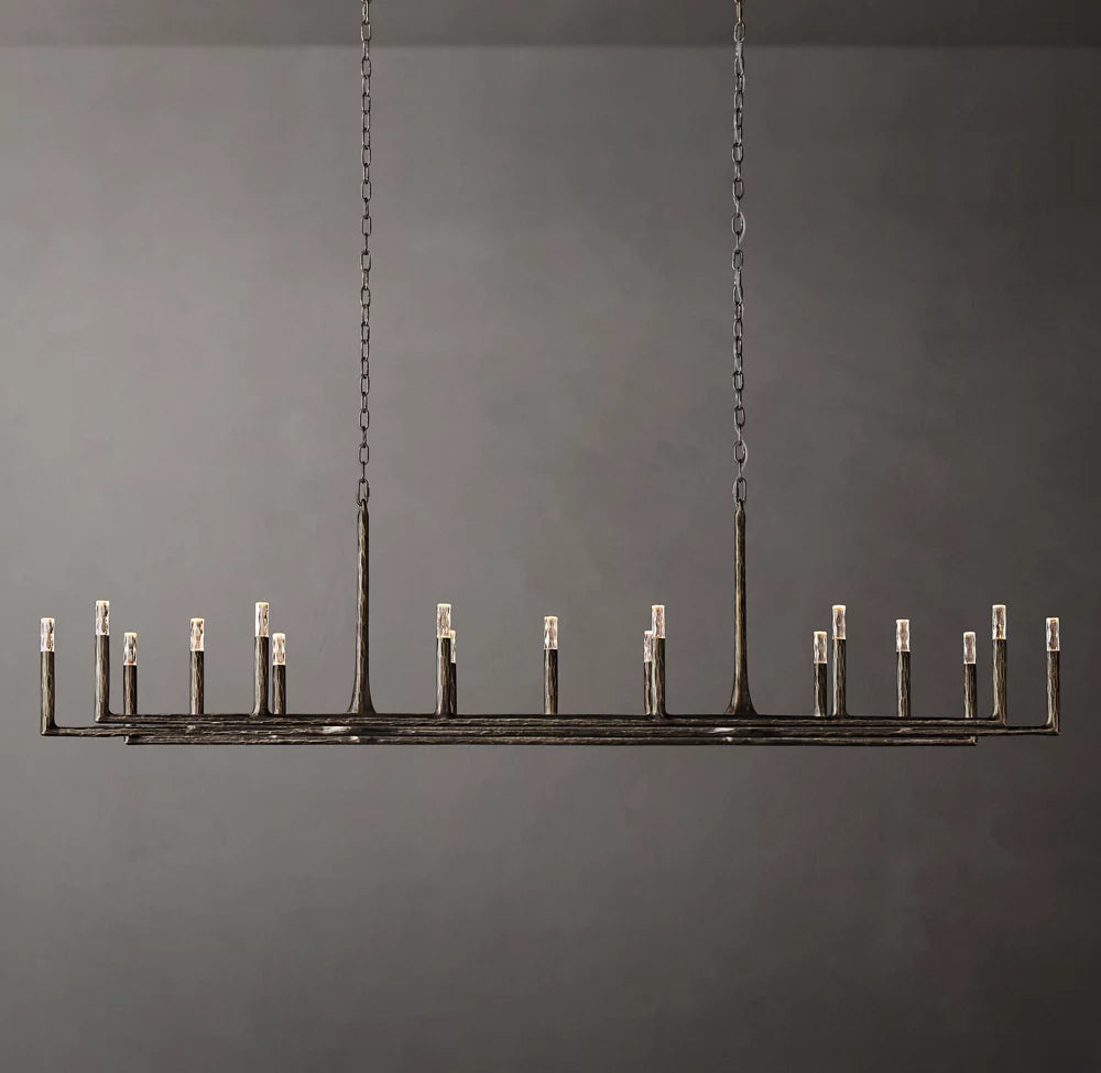 Luxurious 96-Inch 17-Light Linear Chandelier with Hand-Forged Metal Finish