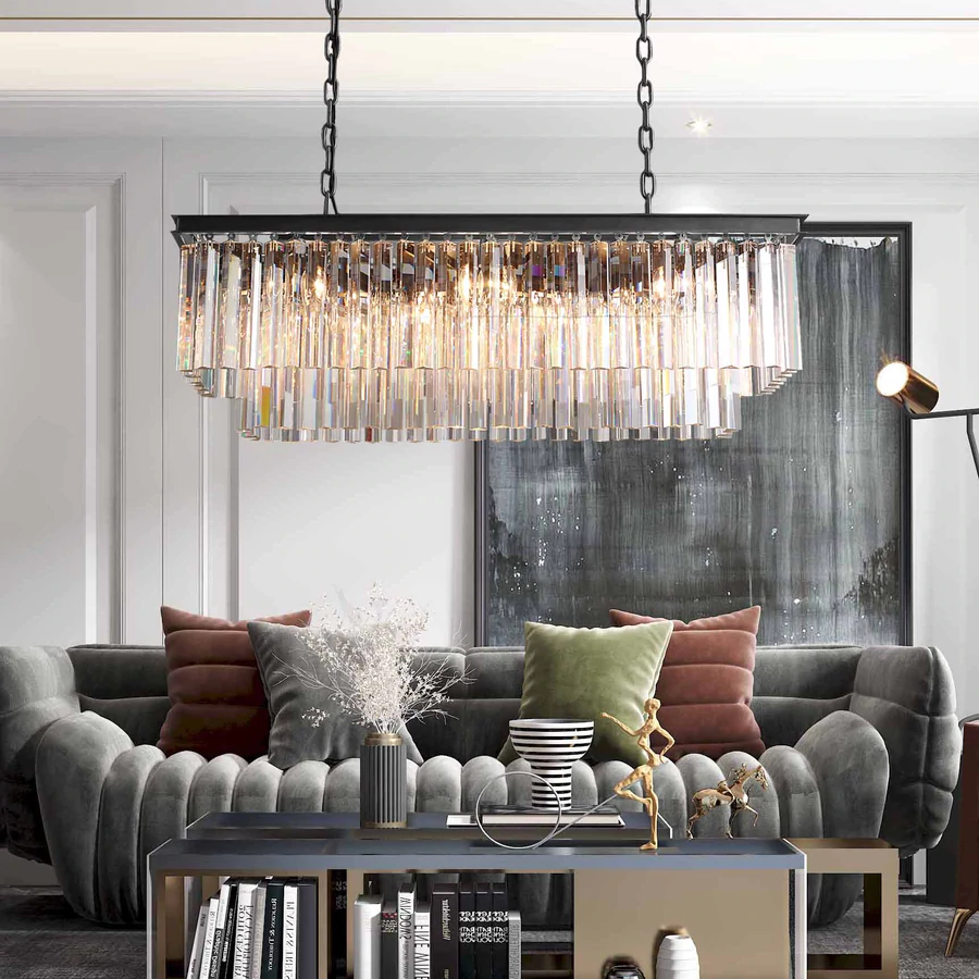 2-Tier Crystal 1920s Odeon Rectangular Chandelier L40"