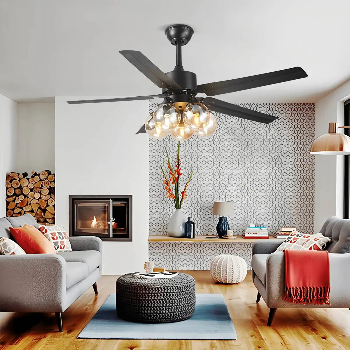 Eloer American Retro Glass Globe Ceiling Fan Light