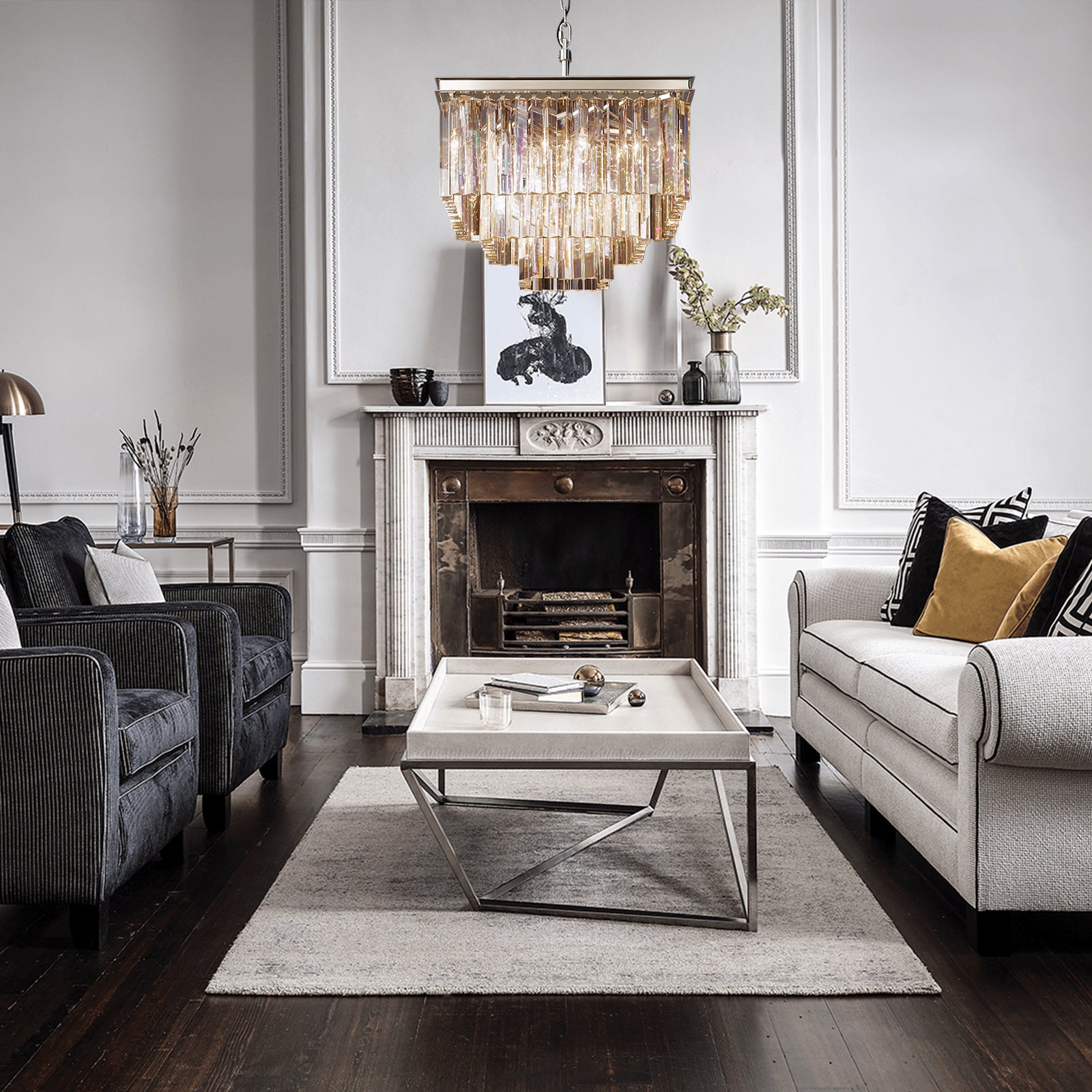 Multi-tier 1920s Odeon Crystal Rectangular Chandelier Modern Lighting 34"